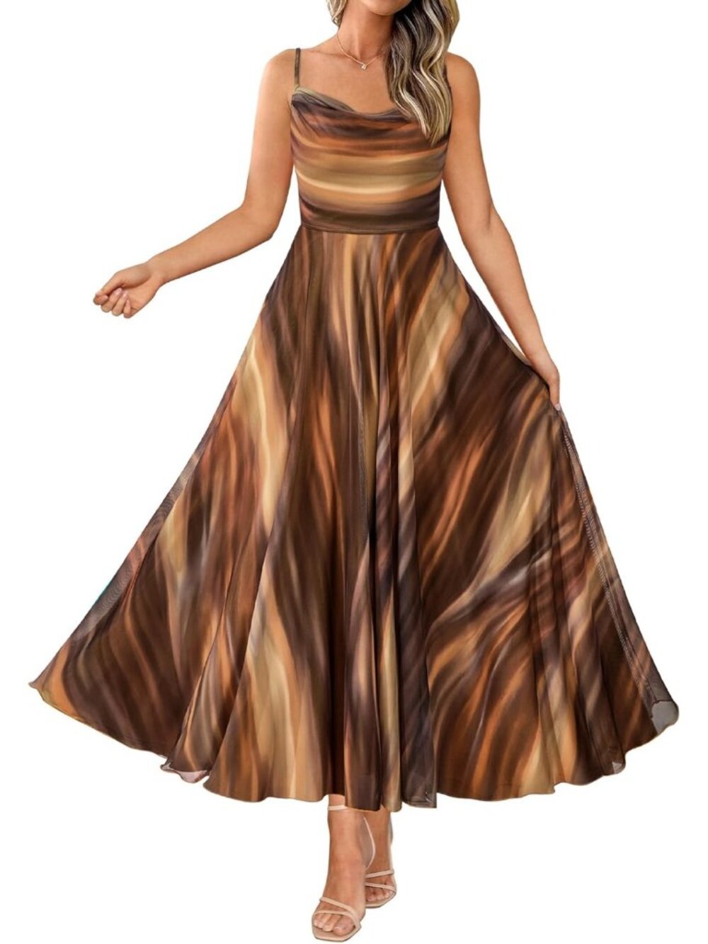 〽️Women's Brown Floral Maxi Dress Summer Boho Cowl Neck Spaghetti Strap
